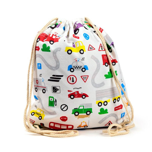 Ghiozdan tip saculet cu snur, rucsac sport/gradinita din bumbac, Little Motors, tematica autovehicule