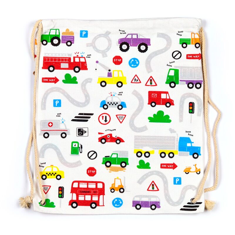 Ghiozdan tip saculet cu snur, rucsac sport/gradinita din bumbac, Little Motors, tematica autovehicule