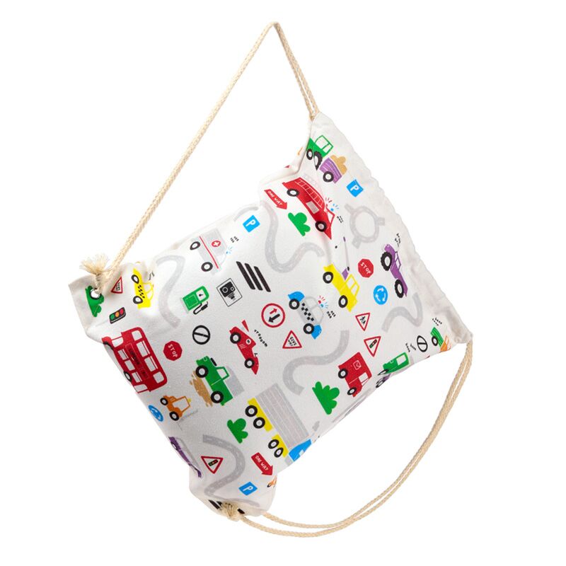 Ghiozdan tip saculet cu snur, rucsac sport/gradinita din bumbac, Little Motors, tematica autovehicule