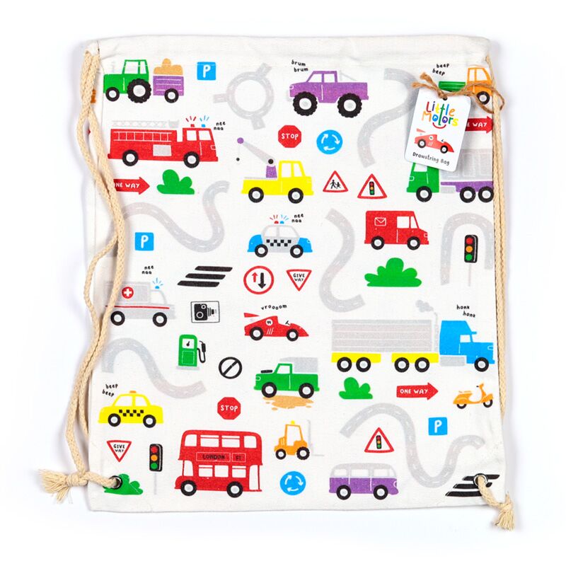 Ghiozdan tip saculet cu snur, rucsac sport/gradinita din bumbac, Little Motors, tematica autovehicule