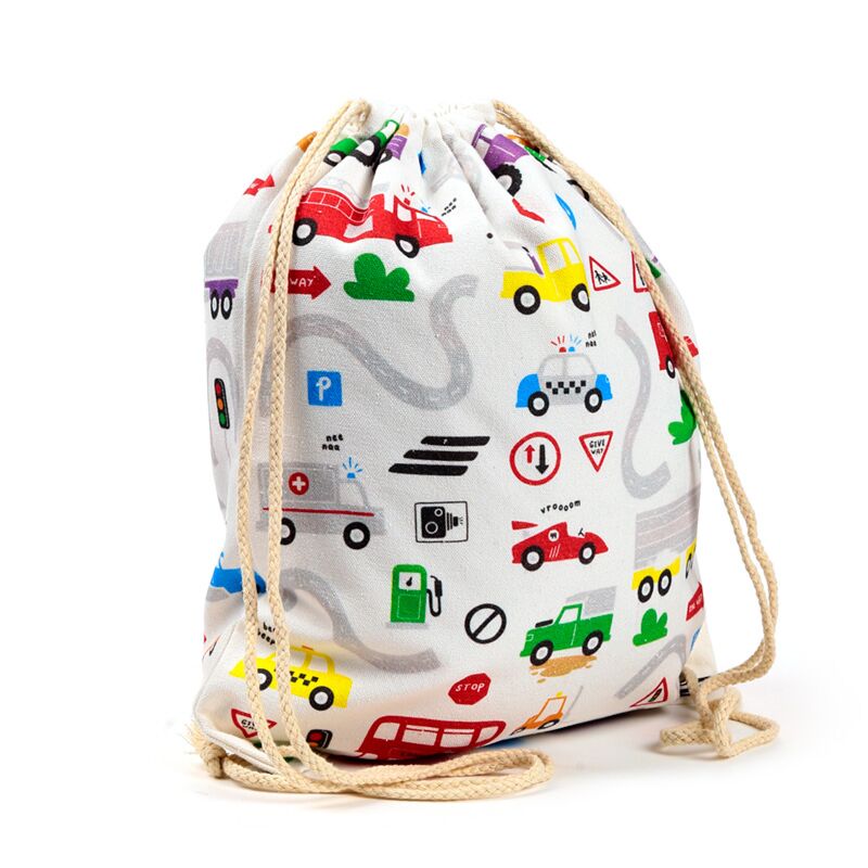 Ghiozdan tip saculet cu snur, rucsac sport/gradinita din bumbac, Little Motors, tematica autovehicule