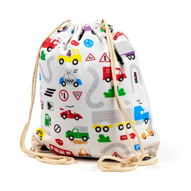 Ghiozdan tip saculet cu snur, rucsac sport/gradinita din bumbac, Little Motors, tematica autovehicule