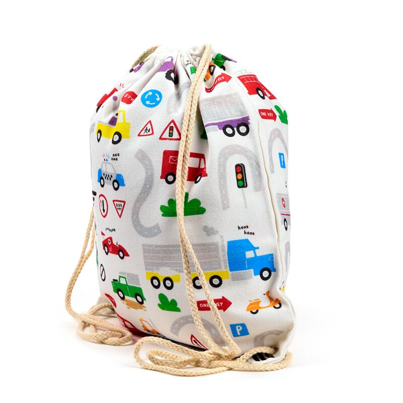 Ghiozdan tip saculet cu snur, rucsac sport/gradinita din bumbac, Little Motors, tematica autovehicule