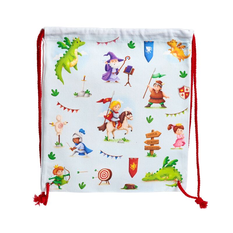 Ghiozdan tip săculeț cu șnur, rucsac sport/grădiniță din bumbac, Knights & Dragons, tematică cavaleri și dragoni