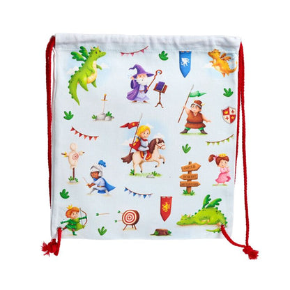 Ghiozdan tip săculeț cu șnur, rucsac sport/grădiniță din bumbac, Knights & Dragons, tematică cavaleri și dragoni