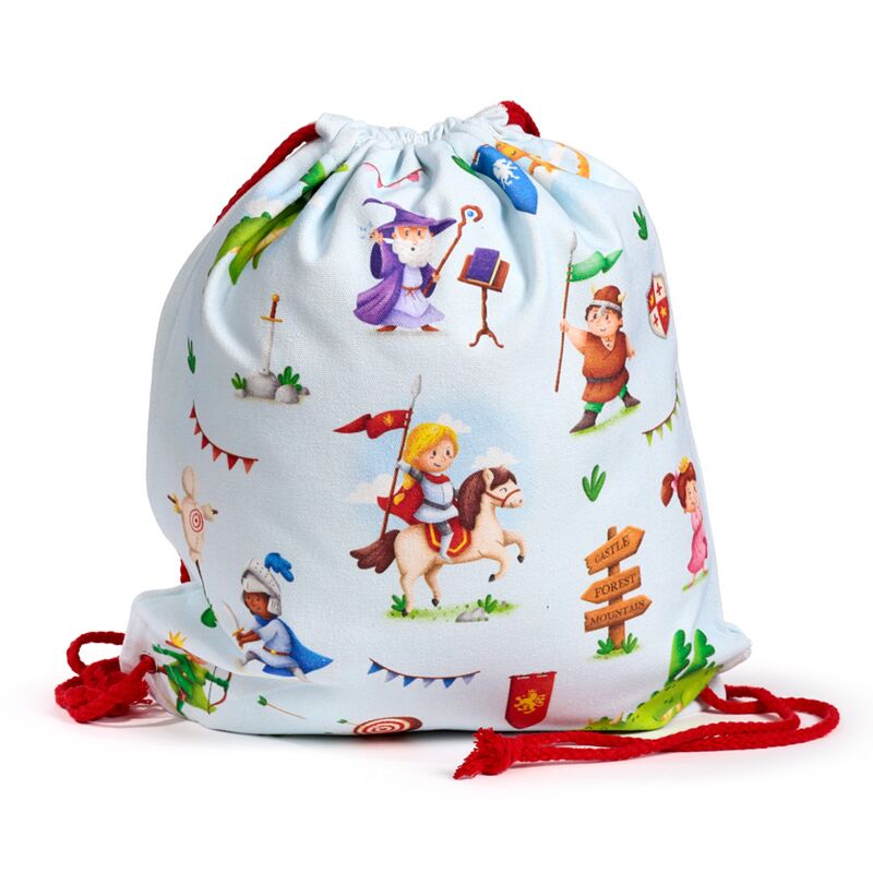 Ghiozdan tip săculeț cu șnur, rucsac sport/grădiniță din bumbac, Knights & Dragons, tematică cavaleri și dragoni