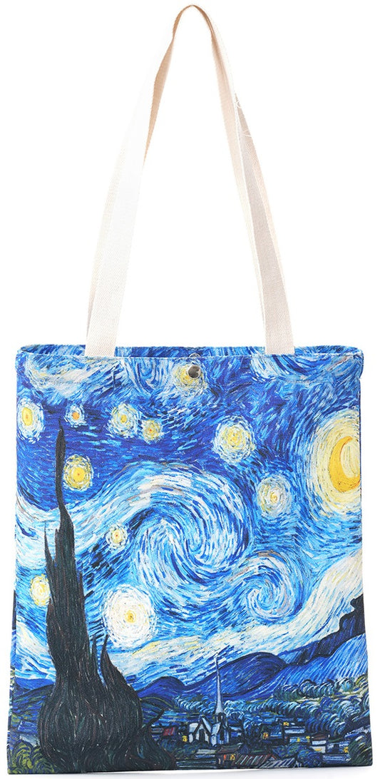 Geantă Tote Bag, închidere cu capsă, imprimeu model „Noapte Înstelată” Van Gogh