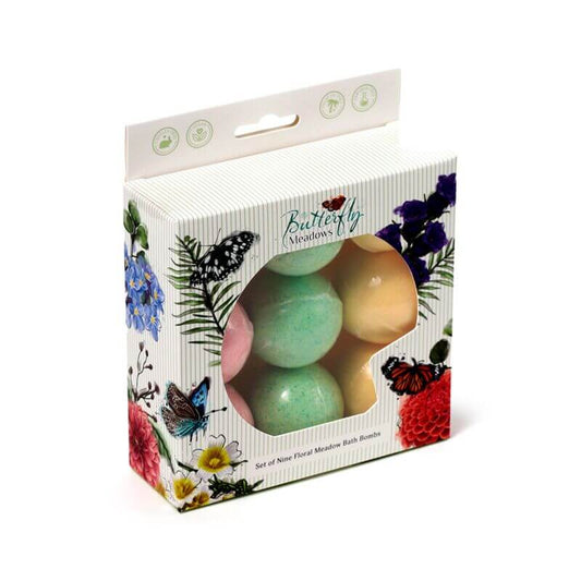 Set 9 bombe de baie mini Butterfly Meadows cu ulei de migdale și săruri de baie florale