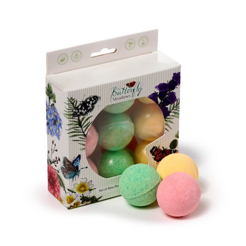 Set 9 bombe de baie mini Butterfly Meadows, ulei de migdale, săruri de baie și parfum floral