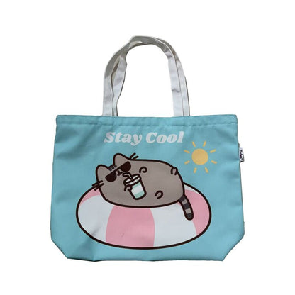Geantă de plajă, Pusheen the Cat, mesaj amuzant „Stay Cool”, turcoaz