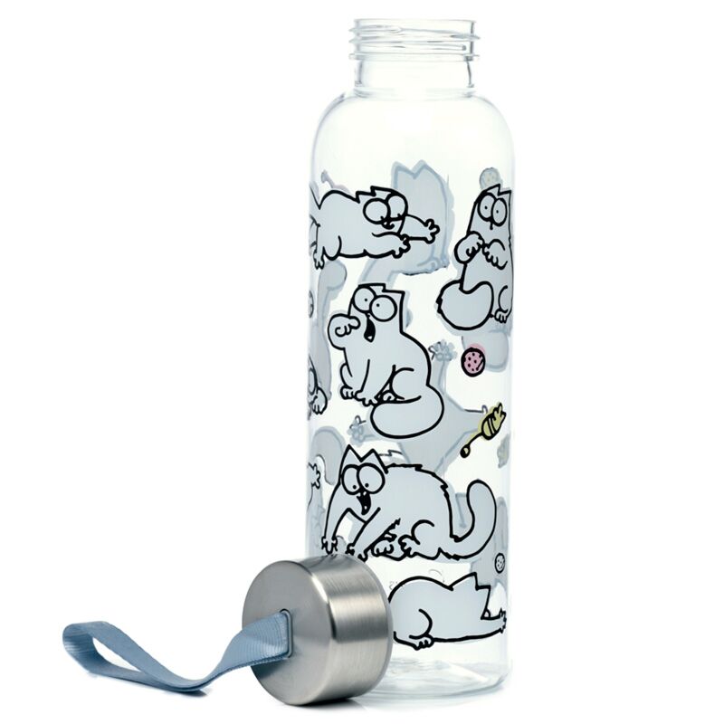 Sticla de apa Simon's Cat, rezistenta la impact, capac metalic si sistem de agatare, material ecologic Ecozen, fara BPA, transparenta, 500 ml