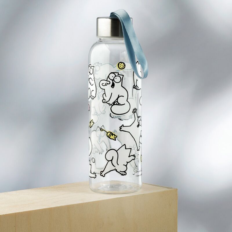 Sticla de apa Simon's Cat, rezistenta la impact, capac metalic si sistem de agatare, material ecologic Ecozen, fara BPA, transparenta, 500 ml