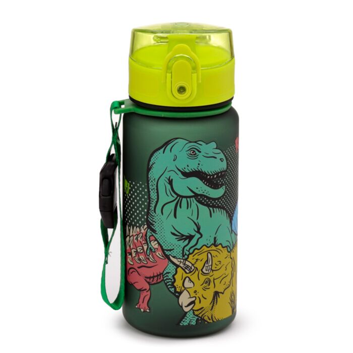 Sticla de apa pop top, pentru copii, Dinosauria, rezistenta la impact, sistem de agatare, material ecologic Ecozen, fara BPA, 350 ml
