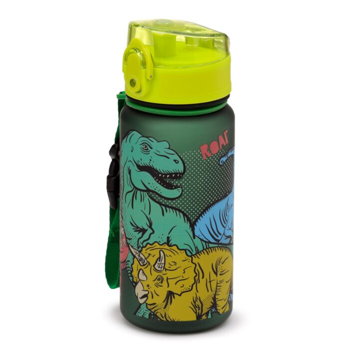 Sticla de apa pop top, pentru copii, Dinosauria, rezistenta la impact, sistem de agatare, material ecologic Ecozen, fara BPA, 350 ml