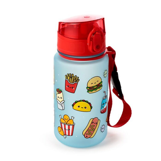 Sticla de apa pop top, pentru copii, design vesel, Foodiemals, rezistenta la impact, sistem de agatare, material ecologic Ecozen, fara BPA, 350 ml