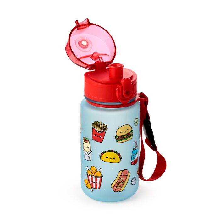 Sticla de apa pop top, pentru copii, design vesel, Foodiemals, rezistenta la impact, sistem de agatare, material ecologic Ecozen, fara BPA, 350 ml
