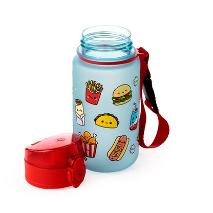 Sticla de apa pop top, pentru copii, design vesel, Foodiemals, rezistenta la impact, sistem de agatare, material ecologic Ecozen, fara BPA, 350 ml