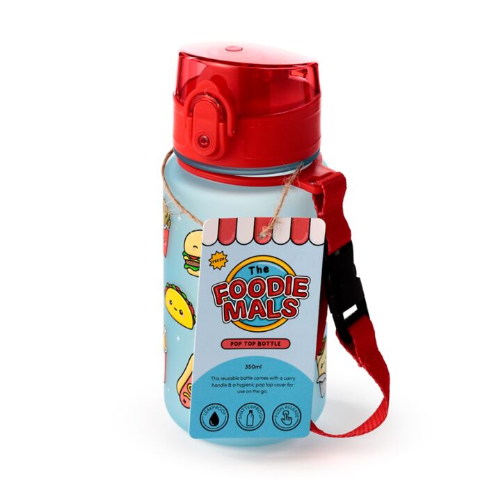 Sticla de apa pop top, pentru copii, design vesel, Foodiemals, rezistenta la impact, sistem de agatare, material ecologic Ecozen, fara BPA, 350 ml