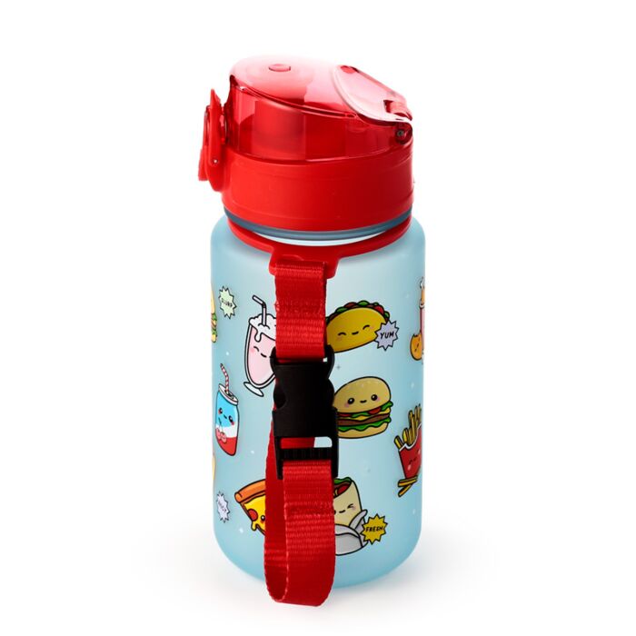 Sticla de apa pop top, pentru copii, design vesel, Foodiemals, rezistenta la impact, sistem de agatare, material ecologic Ecozen, fara BPA, 350 ml
