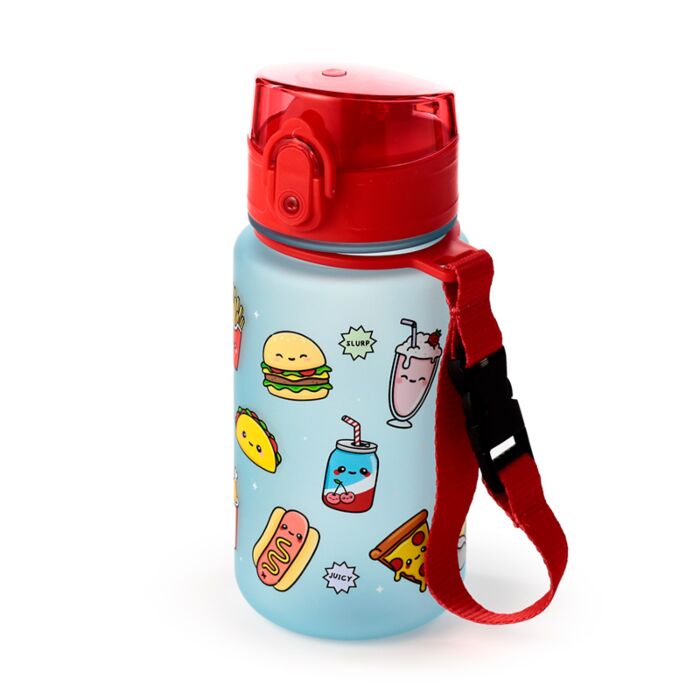 Sticla de apa pop top, pentru copii, design vesel, Foodiemals, rezistenta la impact, sistem de agatare, material ecologic Ecozen, fara BPA, 350 ml