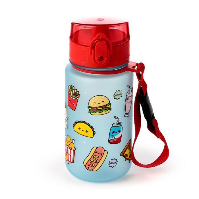 Sticla de apa pop top, pentru copii, design vesel, Foodiemals, rezistenta la impact, sistem de agatare, material ecologic Ecozen, fara BPA, 350 ml