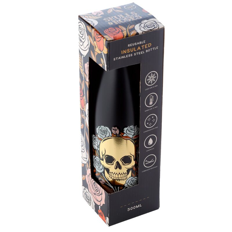 Termos Skulls and Roses ambalat in cutie eleganta, vizibil partial