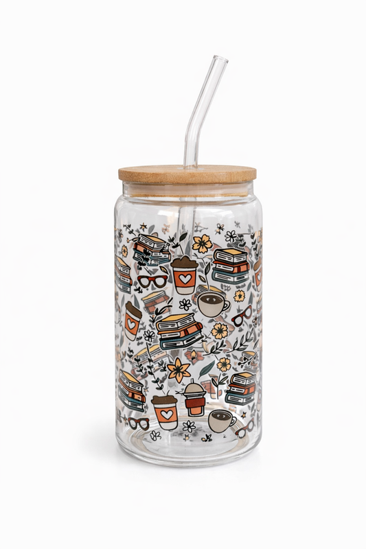 Tumbler "Bookish Pattern", cu print față-verso, capac din bambus și pai
