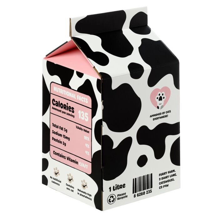 Căsuță pentru pisici din carton, model cutie de lapte, 100% reciclabilă