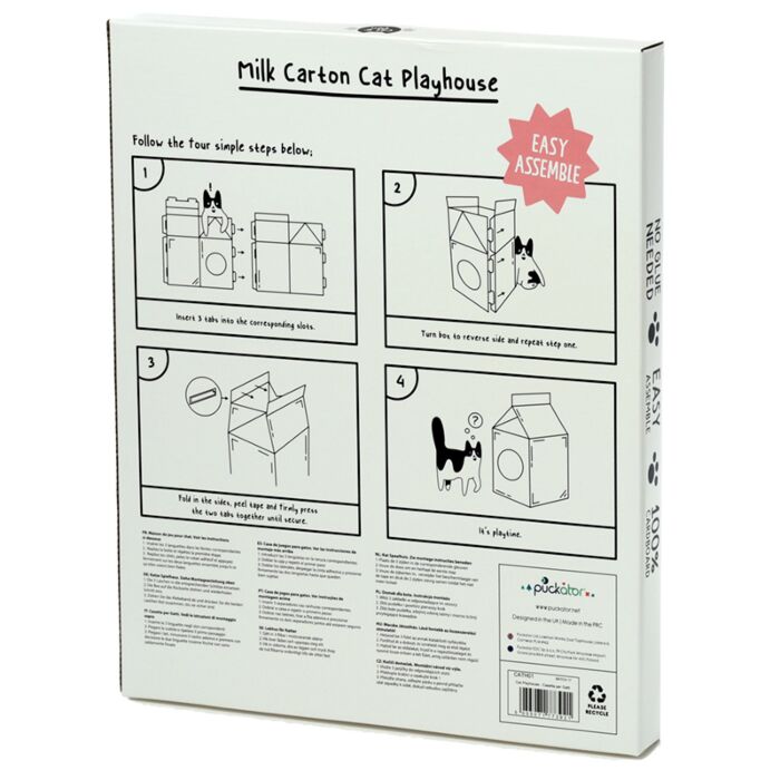 Căsuță pentru pisici din carton, model cutie de lapte, 100% reciclabilă