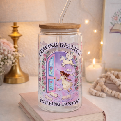 Tumbler "Leaving Reality Entering Fantasy", cu print față-verso, capac din bambus și pai