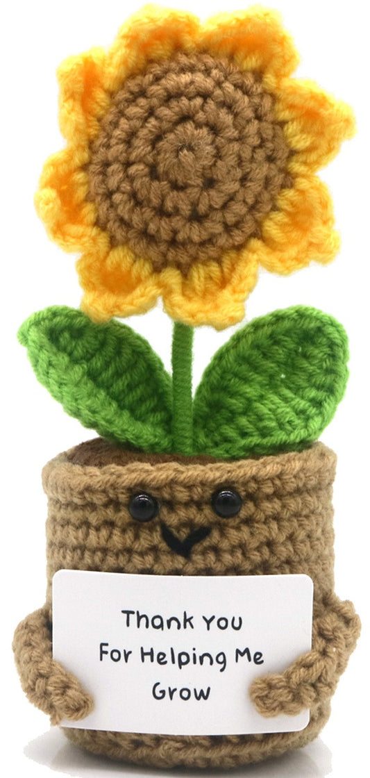Floare croșetată în ghiveci, în formă de Floarea Soarelui, Positive Sunflower, cu mesaj motivațional