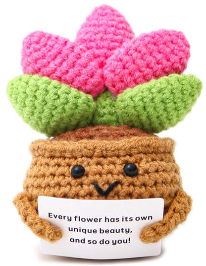 Floare croșetată în ghiveci, în formă de cactus, Positive Flower, cu mesaj motivațional