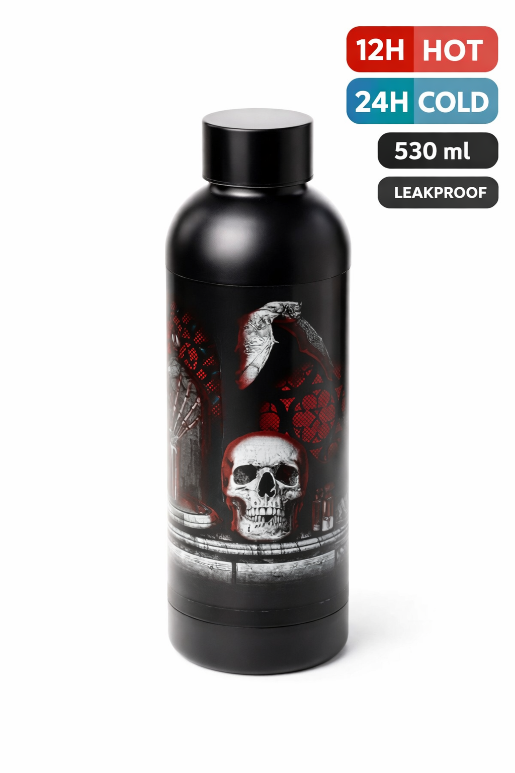 Termos, perete dublu izolat, tematică gotică, sticlă termică pentru băuturi calde și reci, oțel inoxidabil