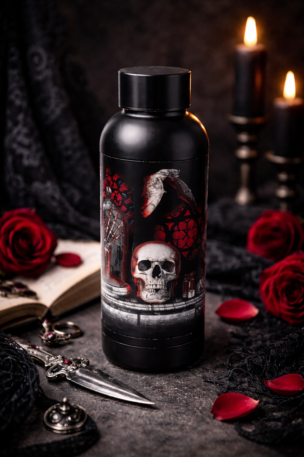 Termos, perete dublu izolat, tematică gotică, sticlă termică pentru băuturi calde și reci, oțel inoxidabil