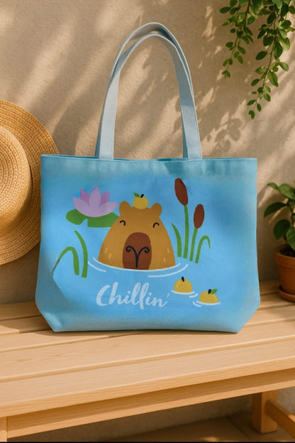 Geantă de plajă, Capybara, mesaj amuzant Chillin', Turcoaz