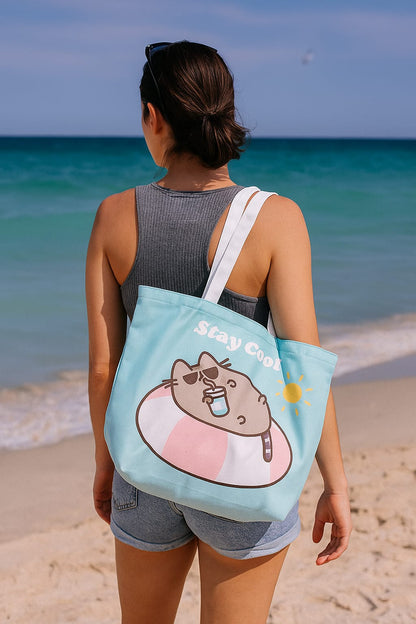 Geantă de plajă, Pusheen the Cat, mesaj amuzant „Stay Cool”, turcoaz