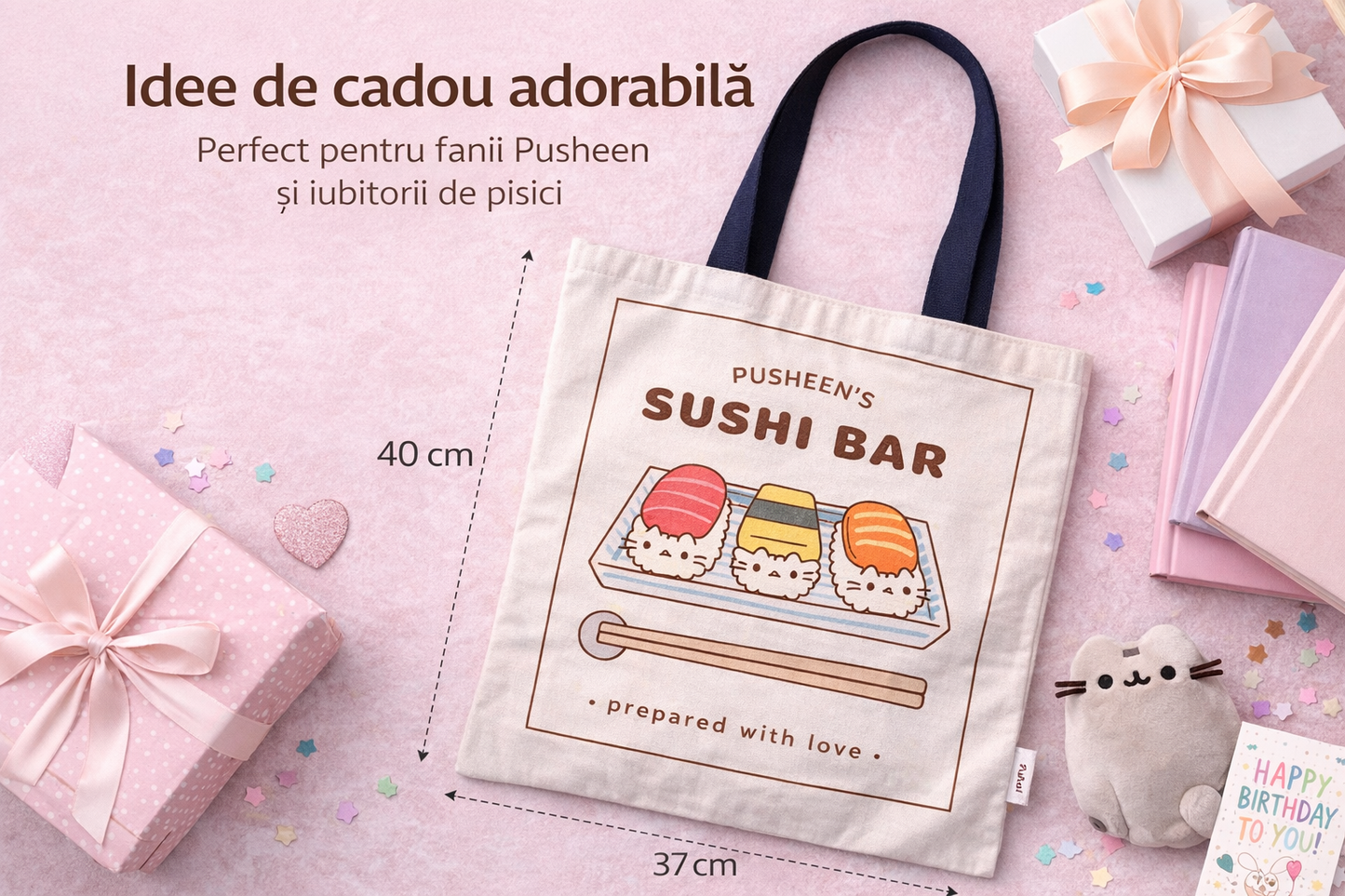 Geantă textilă reutilizabilă Pusheen Sushi, Bento Club – Tote Bag pentru cumpărături
