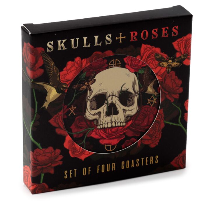 Set 4 coastere / suport pahare, din plută, Skulls and Roses, design gotic