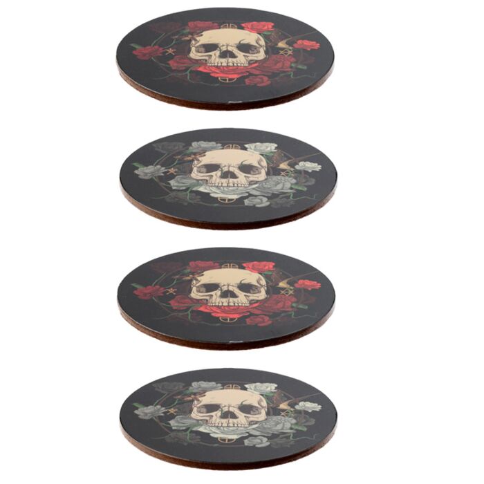 Set 4 coastere / suport pahare, din plută, Skulls and Roses, design gotic