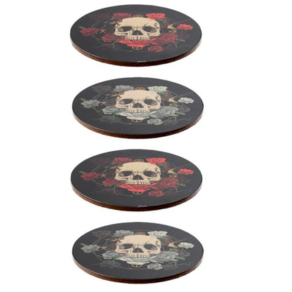 Set 4 coastere / suport pahare, din plută, Skulls and Roses, design gotic