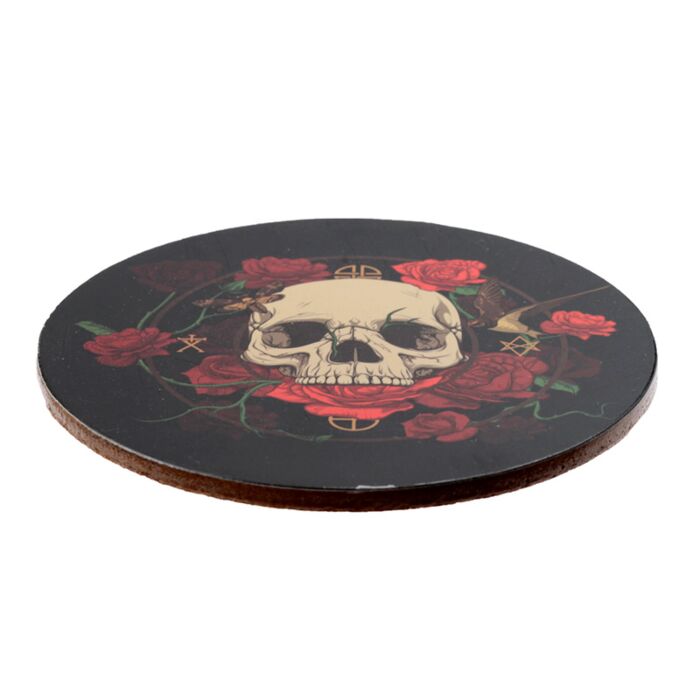 Set 4 coastere / suport pahare, din plută, Skulls and Roses, design gotic
