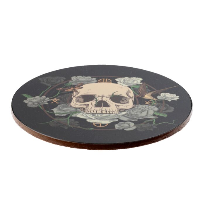Set 4 coastere / suport pahare, din plută, Skulls and Roses, design gotic