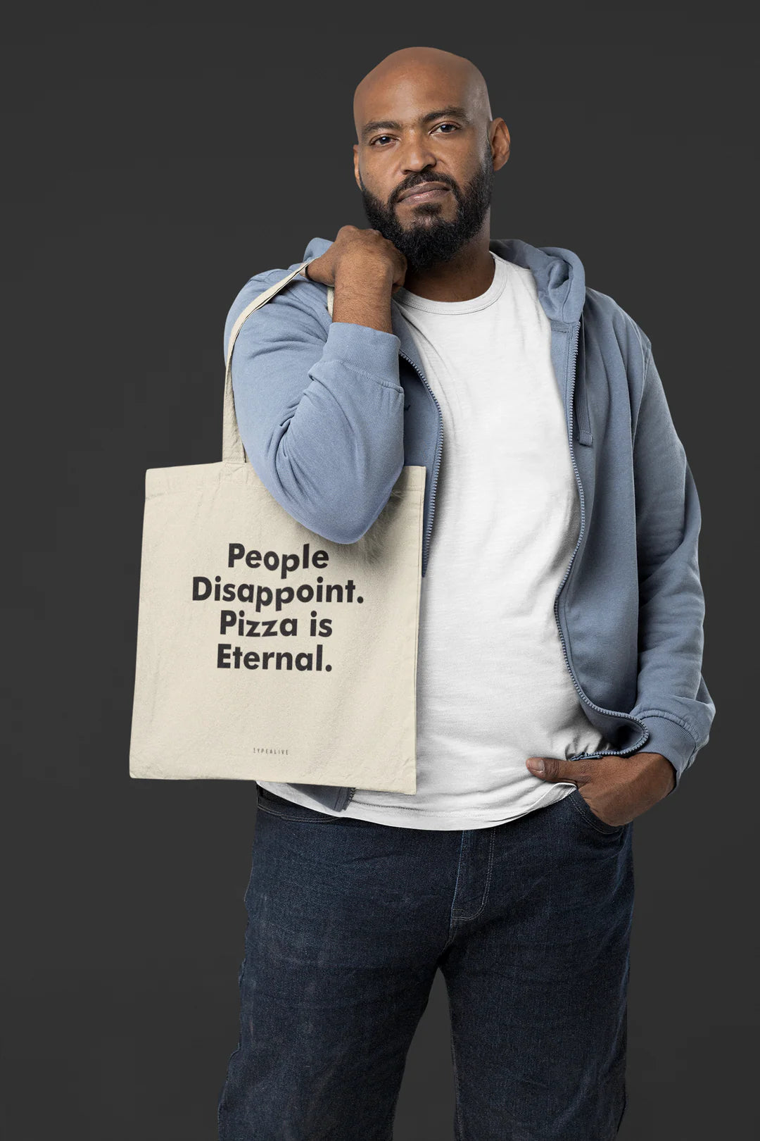 Tote Bag, bumbac premium, ilustrație originală, text "People disappoint. Pizza is Eternal."