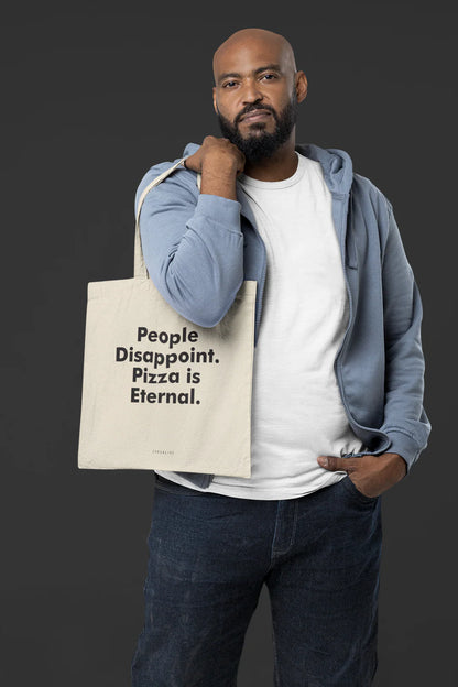 Tote Bag, bumbac premium, ilustrație originală, text "People disappoint. Pizza is Eternal."