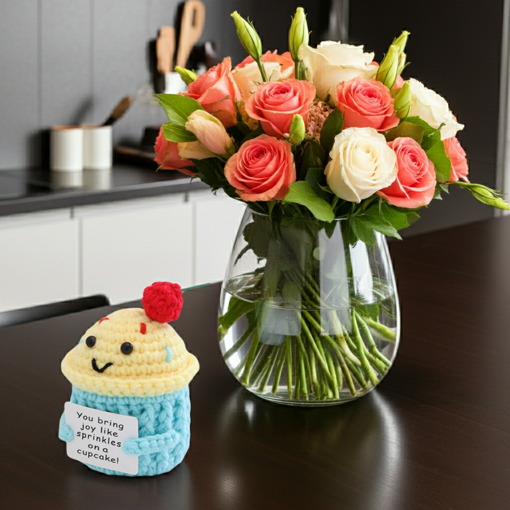 Mascotă croșetată, model brioșă Positive Cupcake, mesaj motivațional