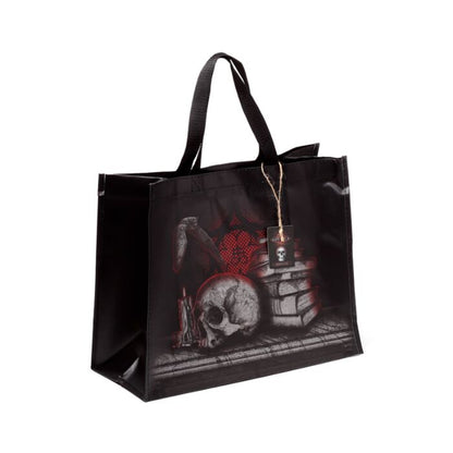 Sacoșă de cumpărături, Gotică, design craniu, liliac, cărți, stil gotic, Shopping Bag