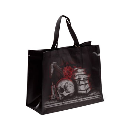 Sacoșă de cumpărături, Gotică, design craniu, liliac, cărți, stil gotic, Shopping Bag