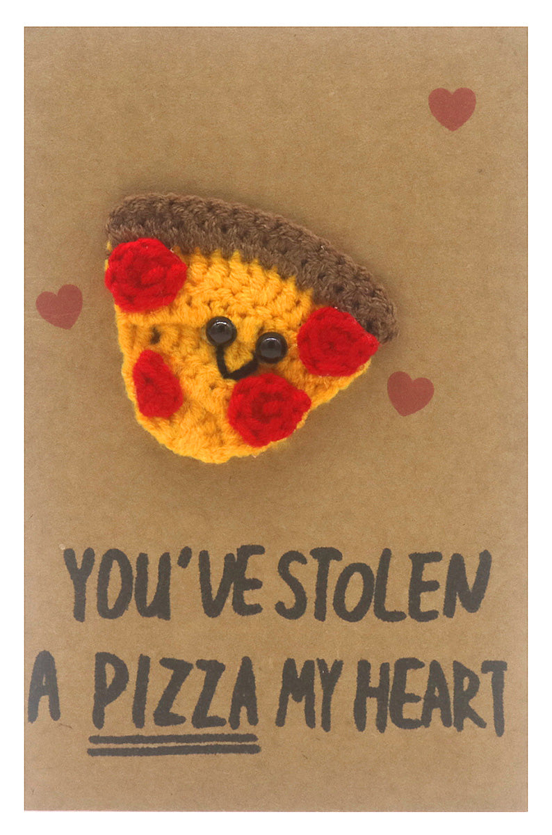 Felicitare croșetată, aniversară, model pizza, mesaj „You’ve stolen a pizza my heart”