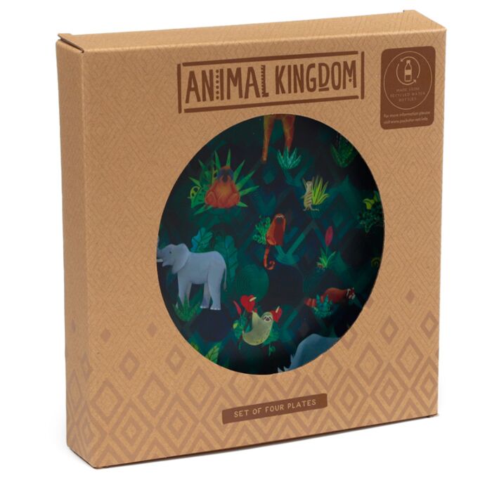 Set de 4 farfurii de picnic, camping, gradina, Animal Kingdom, model animale salbatice, plastic reciclat