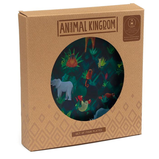 Set de 4 farfurii de picnic, camping, gradina, Animal Kingdom, model animale salbatice, plastic reciclat